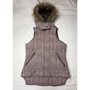 Charlotte Russe Plaid Puffer Vest Faux Fur Hood Brown S Snap Full Zip Pockets
